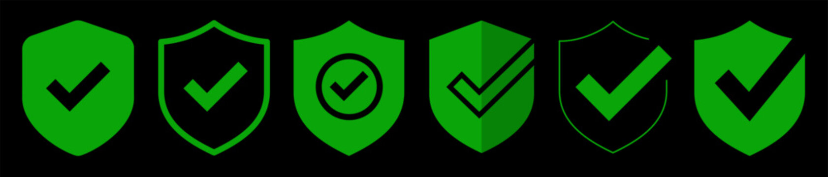 Modern Green Shield Check Mark Icon Set &ndash; Security, Protection, Verified Trust and Approval Flat Vector Collection