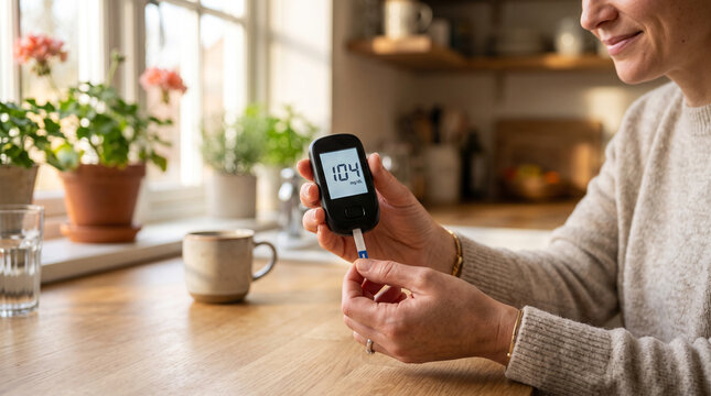 Woman using a glucometer to check glucose levels in a kitchen.