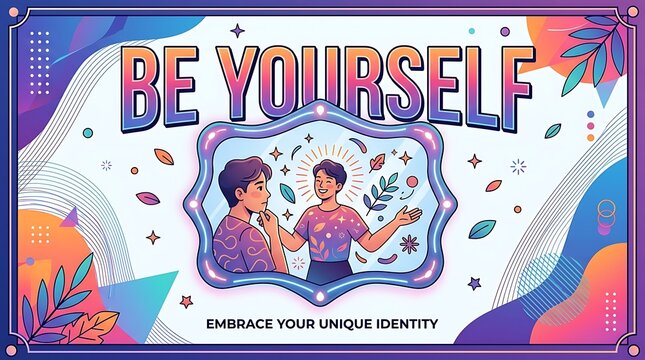 Oversized BE YOURSELF text, a contemporary vector banner, and a mirror reflecting a genuine self