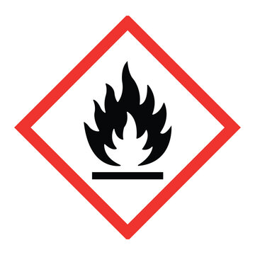 Flammable Symbol: A universally recognized hazard symbol depicting a flame, enclosed within a red diamond border, indicating the presence of flammable material.