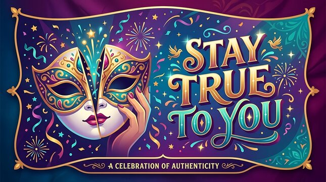 Open mask beside bold STAY TRUE TO YOU typography, premium vector celebration banner