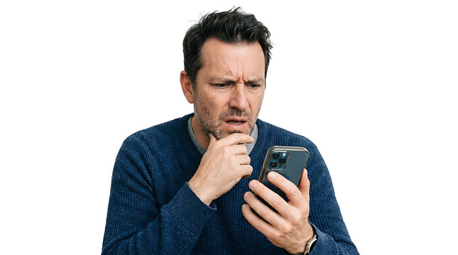 Man confused by incorrect AI chatbot response on smartphone isolated on white background for artificial intelligence limitation
