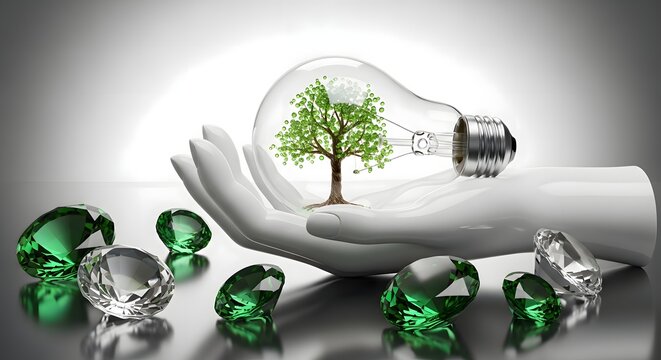 Hands nurturing a green growing tree light bulb on a bed of sparkling diamond gems