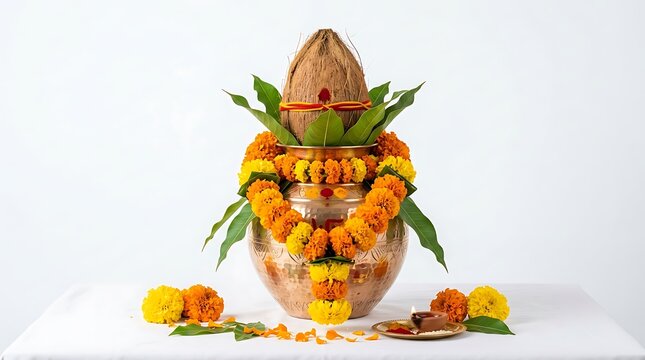 Traditional Kalash for Hindu puja ceremony. Copper pot with coconut and marigold flowers.