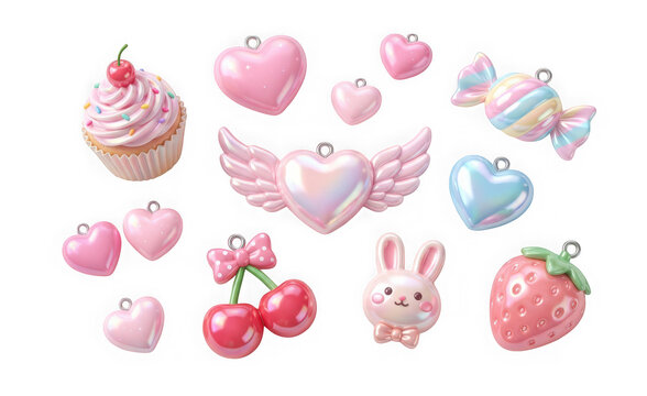 Collection of cute 3d charms and pendants isolated on transparent background