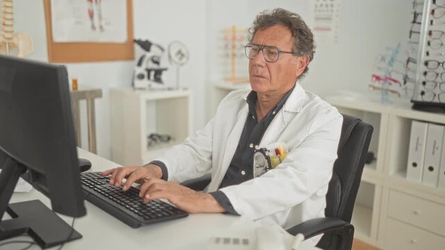 Man optician adjusts eyeglasses while typing on a computer keyboard at a desk in a medical office building; focused care.