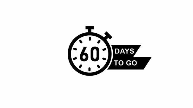 Stopwatch icon with 60 days to go text and ribbon graphic on white background timer countdown