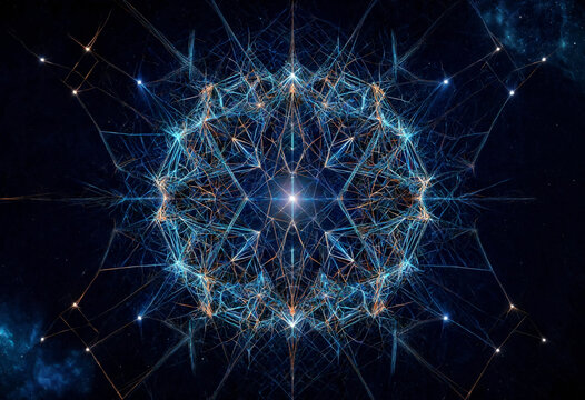 Abstract futuristic network of glowing lines and connections resembling cosmic digital web structure