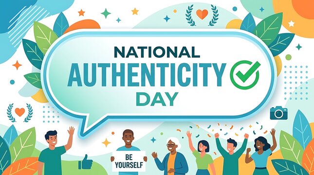 Bold NATIONAL AUTHENTICITY DAY lettering and a single speech bubble with a check mark