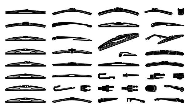 Automotive Windshield Wiper Blade and Connector Set with Universal Adapter Types for Car Replacement Parts Vector Collection