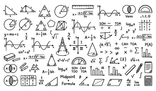 Comprehensive Mathematics Education Line Icons Set Featuring Geometry Algebra Trigonometry Graphs Equations and School Learning Symbols Vector Collection