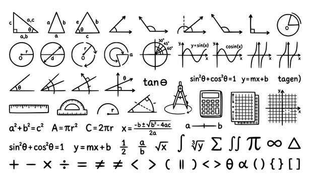 Mathematics and Geometry Outline Icons Set Featuring Trigonometry Calculus Algebra Graphs Equations Symbols and Educational Tools Collection