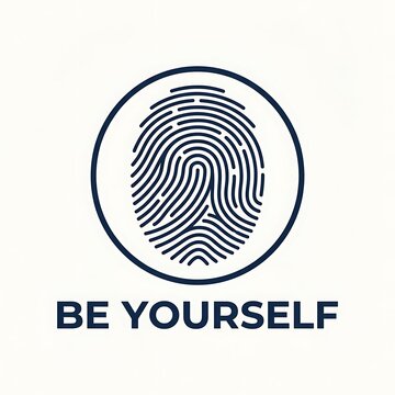 Unique fingerprint inside a circle, bold BE YOURSELF typography, elegant flat vector graphic, minimalist style