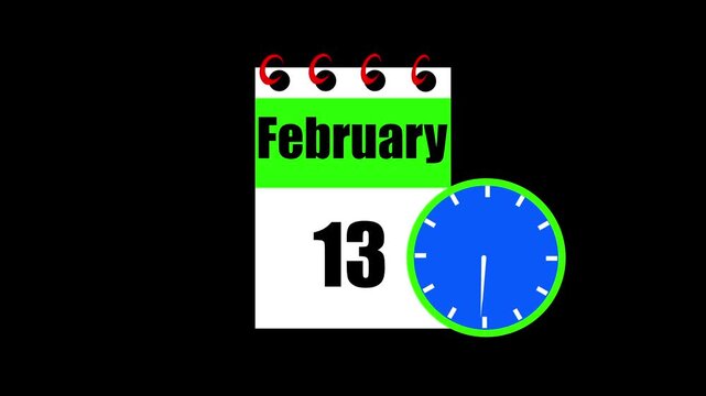 February month 13 date calendar icon animation. Animated Calendar Icon Showing Date Change with Clock Symbol Appointment Scheduling and Deadlines. Modern design calendar symbol background 4k video.