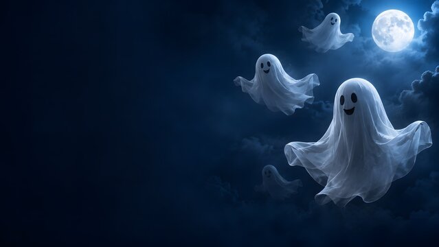 Group of spooky white ghosts floating in the dark night sky under a bright full moon for halloween