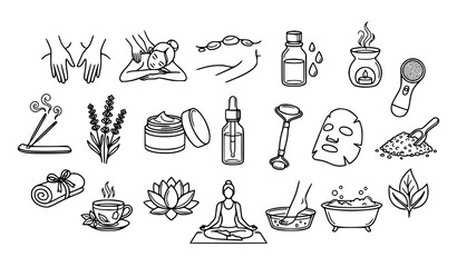 Spa and wellness beauty line icon set featuring massage aromatherapy lavender oil facial mask jade roller lotus meditation yoga and skincare product symbols © Mdanowrul