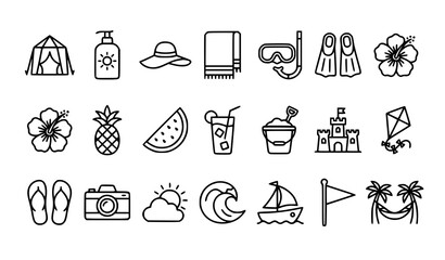 Summer beach vacation and tropical resort line icon set featuring tent sunscreen towel snorkel flippers hibiscus flower cocktail sandcastle and sailboat symbols © Mdanowrul