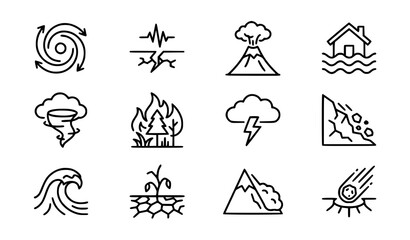 Obraz premium Natural disaster and extreme weather line icon set featuring earthquake volcano flood tornado wildfire lightning landslide tsunami drought and avalanche symbols for safety layouts