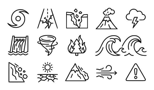 Natural disaster and extreme weather line icon set featuring hurricane road crack earthquake volcano lightning tornado wildfire tsunami landslide drought and hazard alert symbols