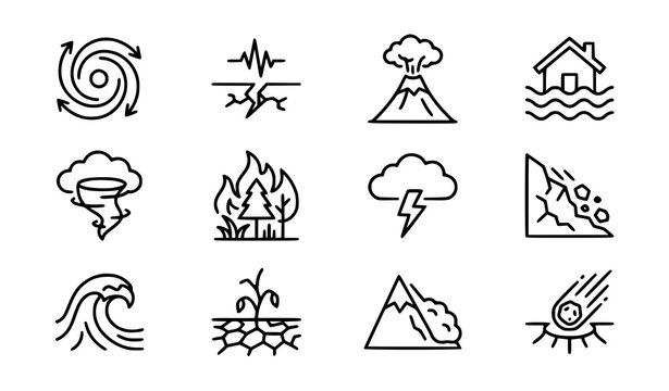 Natural disaster and extreme weather line icon set featuring earthquake volcano flood tornado wildfire lightning landslide tsunami drought and avalanche symbols for safety layouts