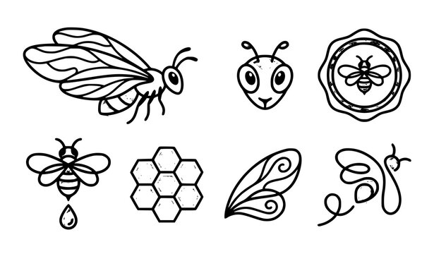 Honey bee and beekeeping line icon vector set featuring honeycomb cells queen bee logo stamps fly wings and organic honey drops for product packaging layouts