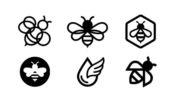 Honey bee line icon vector set featuring abstract geometric bees honeycomb badge honey drop with wing and circular solid bumblebee emblem layouts