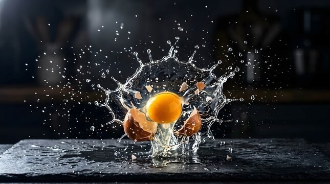 High Speed Splash of a Cracking Egg with Yolk and Shell Fragments
