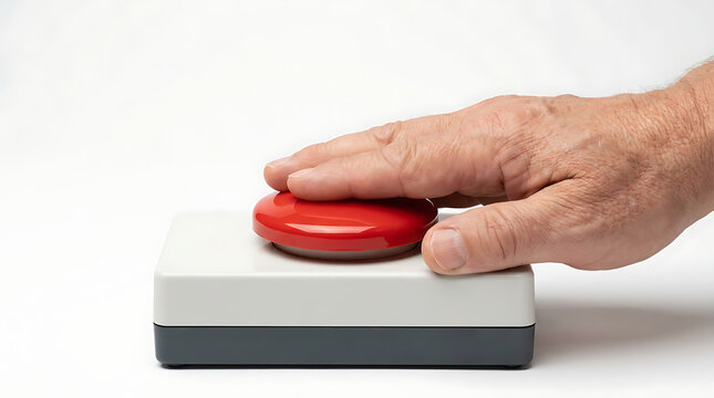 Adult hand pressing a large red push button emergency stop switch for industrial alert start