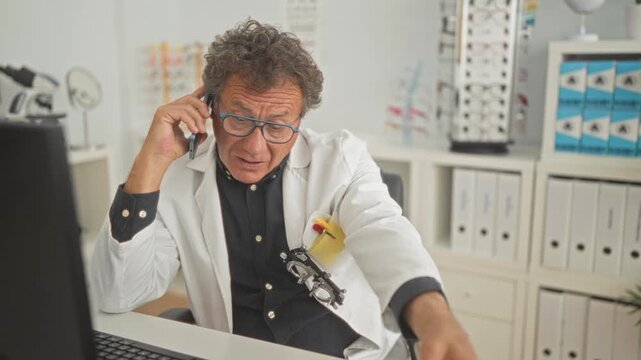 Man optician wearing glasses holds phone to ear and adjusts trial frame beside computer in clinic building; professional care concentration.