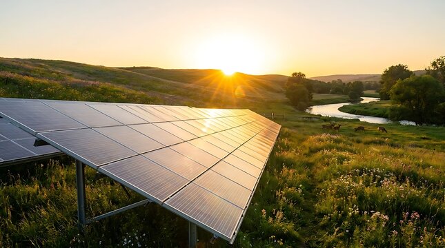 Solar panels in a green field at sunset. Renewable energy farm for sustainable power.