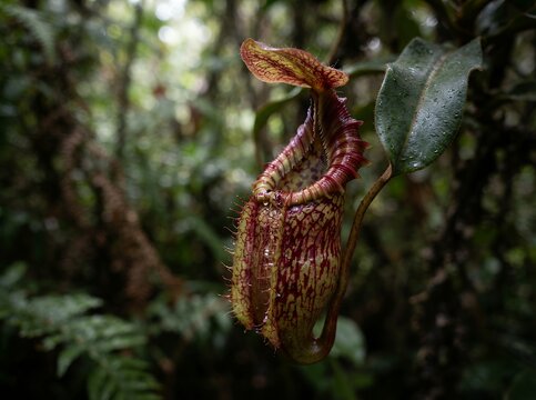 Carnivorous Pitcher Plant Hanging in Lush Rainforest Canopy.