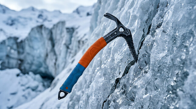 Close-up view of an ice axe firmly embedded in a steep icy cliff face
