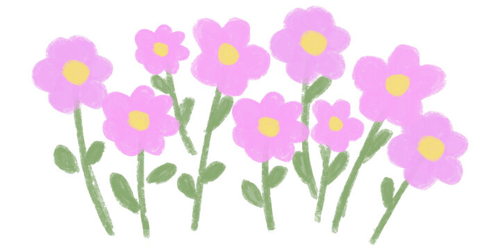 Hand drawn cluster of blooming pink flowers with soft crayon texture and playful botanical style. 