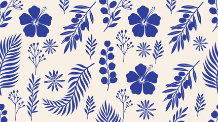 Blue Floral Pattern: A delightful, repeating pattern featuring various tropical flowers and foliage in a striking blue hue on a soft cream background, perfect for textiles or design accents. © Rahed Ul Islam