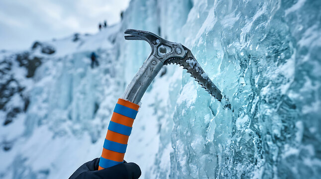 Professional Ice Axe Stuck in Blue Glacier Ice Wall During Winter Mountaineering Adventure