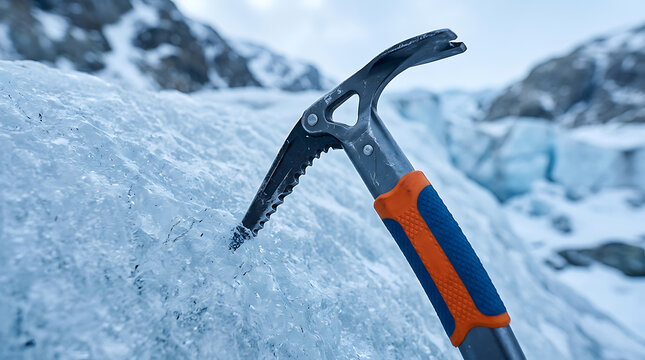 Reliable ice axe firmly in glacier, symbolizing demanding alpine adventure and the thrill of conquering high peaks