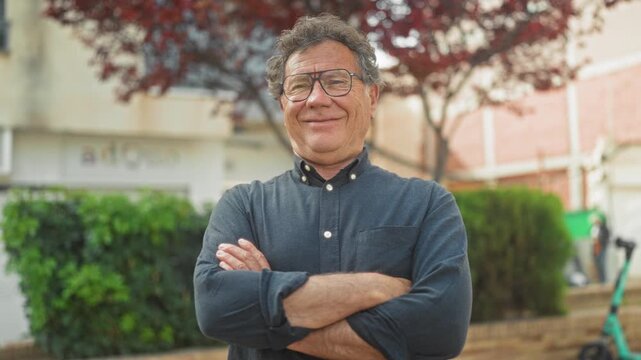 Man with crossed arms and glasses smiling on street beside electric scooter and hedge, wearing dark button shirt near apartment building; content wisdom.