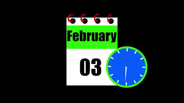 February month 03 date calendar icon animation. Animated Calendar Icon Showing Date Change with Clock Symbol Appointment Scheduling and Deadlines. Modern design calendar symbol background 4k video.