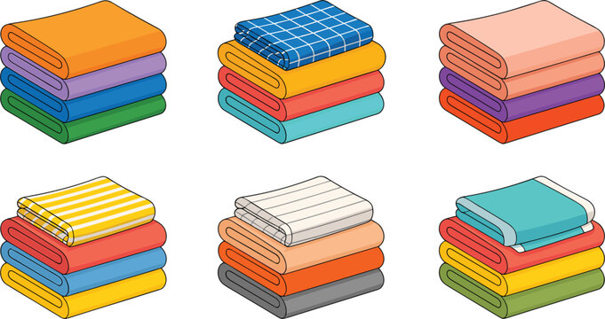Folded blankets and bath towels stack vector set, colorful fabric linens isometric cartoon illustration template