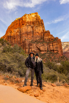 Portrait of senior couple with Angels Landing formation in background
