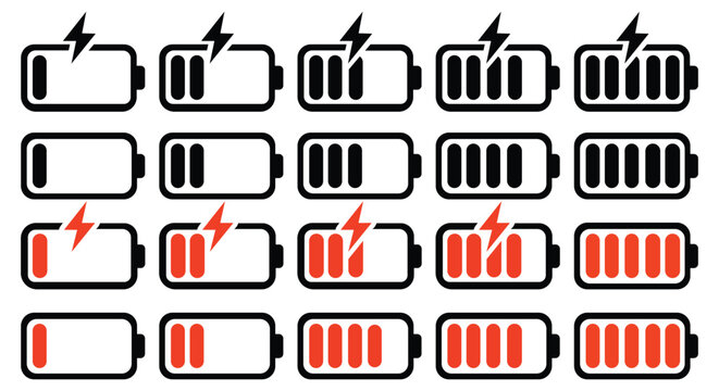 Battery Charge Levels: A graphic collection showcasing a range of battery charge indicators from empty to full, illustrating power levels and charging status.
