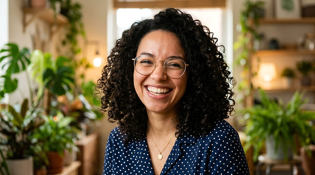 Happy mixed-race woman with curly hair and spectacles beaming in a bright room filled with houseplants