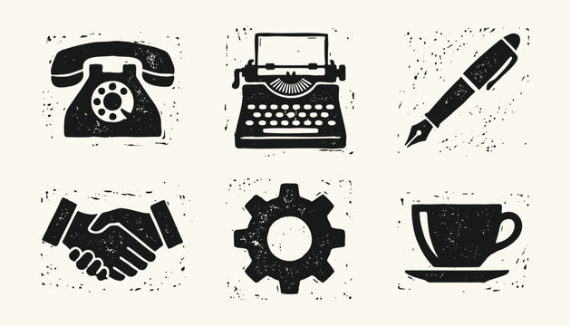 Retro business icons set including telephone typewriter pen handshake gear and coffee cup with linocut texture