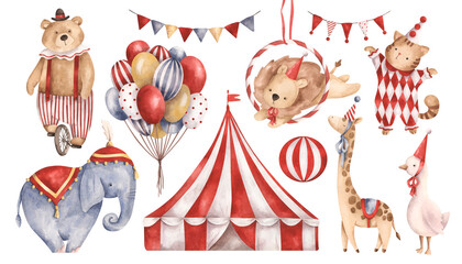 Circus. Watercolor hand-drawn clip art with circus animals, circus tent and circus stuff. Cute circus theme drawings for kids. For design baby shower, birthday and nursery. © Nellya Egorova