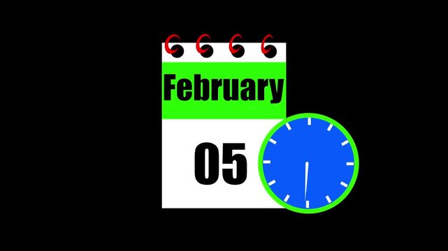 February month 05 date calendar icon animation. Animated Calendar Icon Showing Date Change with Clock Symbol Appointment Scheduling and Deadlines. Modern design calendar symbol background 4k video.