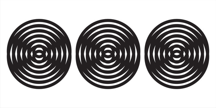 Black concentric circle set. Sonar or sound wave ring collection. Dotted and linear epicentre, target, radar icon concept. Ripple radial signal or vibration elements. Vector