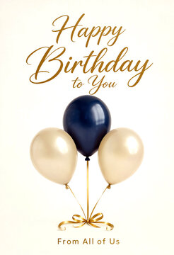 Beautiful happy birthday card with elegant gold and dark blue balloons tied together