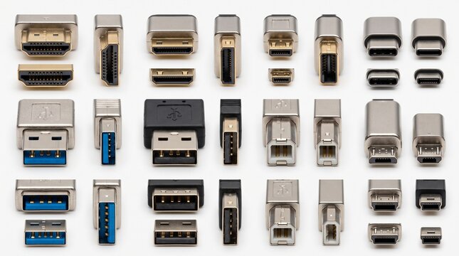 Assorted USB and HDMI connectors. Collection of various computer cable adapters on white.