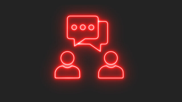 Red neon icon depicting two people in discussion with a chat bubble symbolizing communication and conversation in a modern digital style on a dark background.