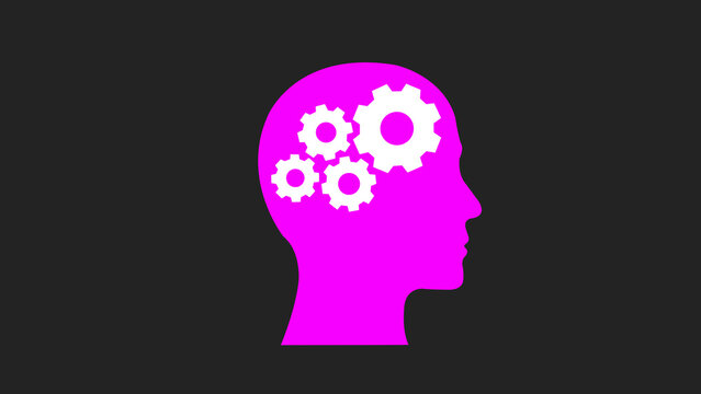 A bright pink profile silhouette of a human head containing white gears and cogs, symbolizing the thought process and mechanics of the mind, isolated on a dark background.